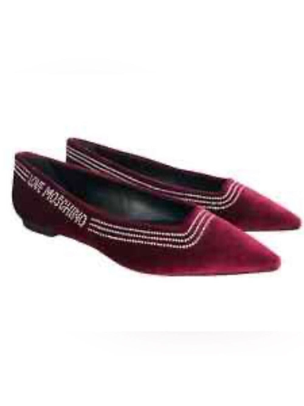New! Love Moschino Crystal Pointed Velvet Ballet Flat in Burgundy size 8.5 - Picture 2 of 7